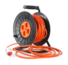 Extension cord reel on white background. Electrician's equipment