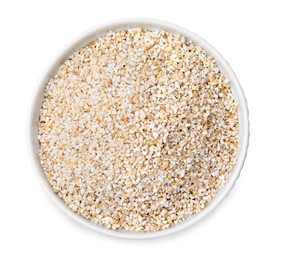 Dry barley groats in bowl isolated on white, top view