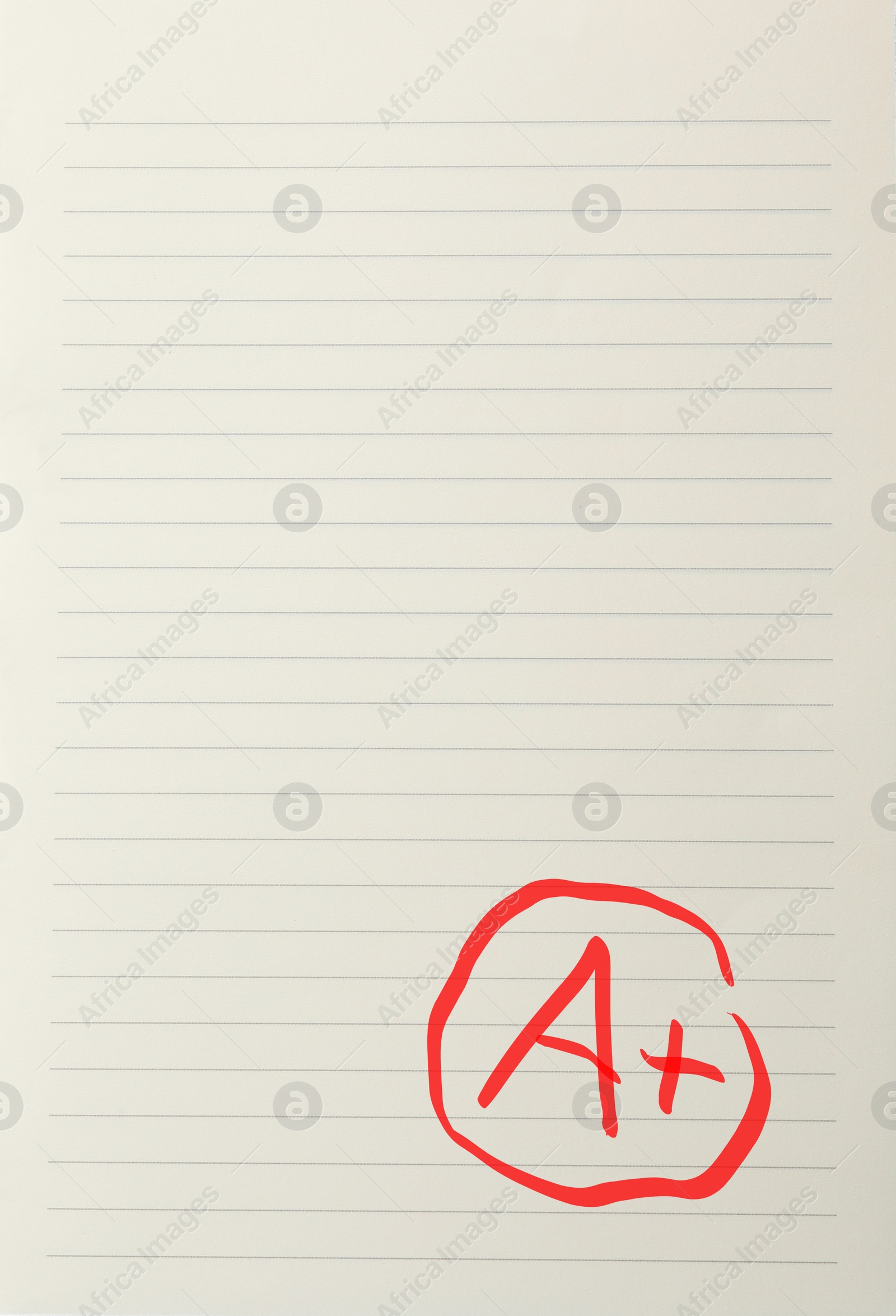 Image of School grade. Red letter A with plus symbol on notebook paper