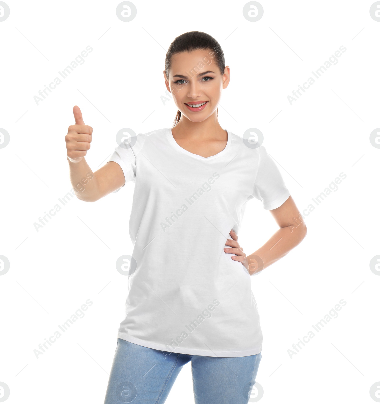 Photo of Young woman in t-shirt on white background. Mockup for design