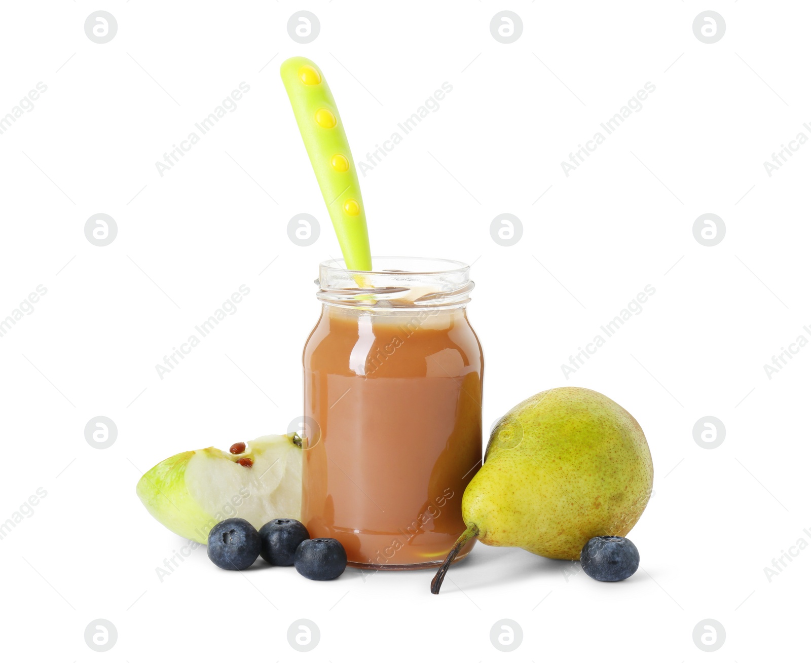 Photo of Jar with healthy baby food, blueberries, pear and slice of apple isolated on white