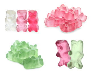 Image of Set with delicious jelly bears on white background