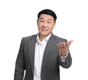 Businessman in suit posing on white background