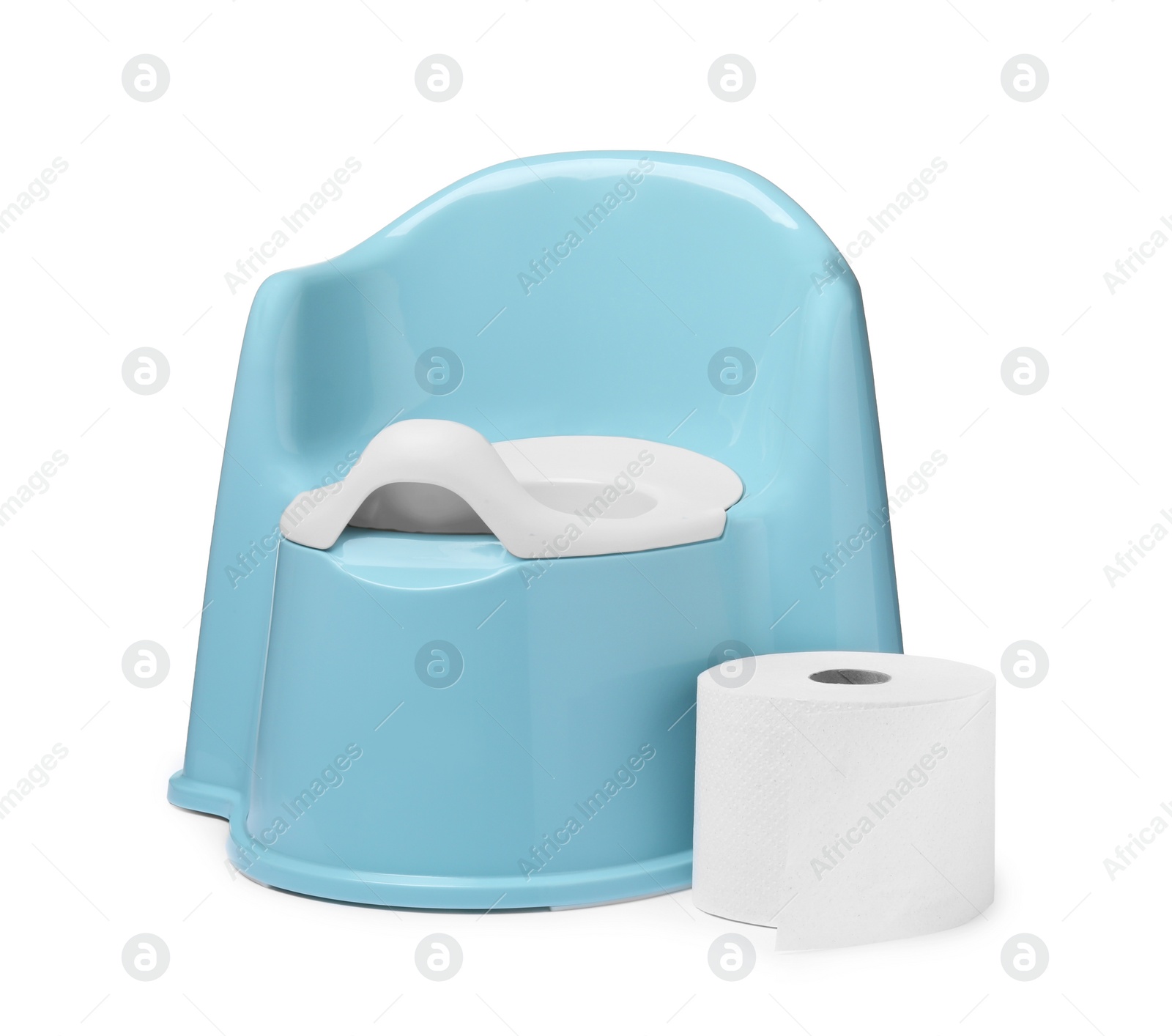 Photo of Light blue baby potty and toilet paper isolated on white