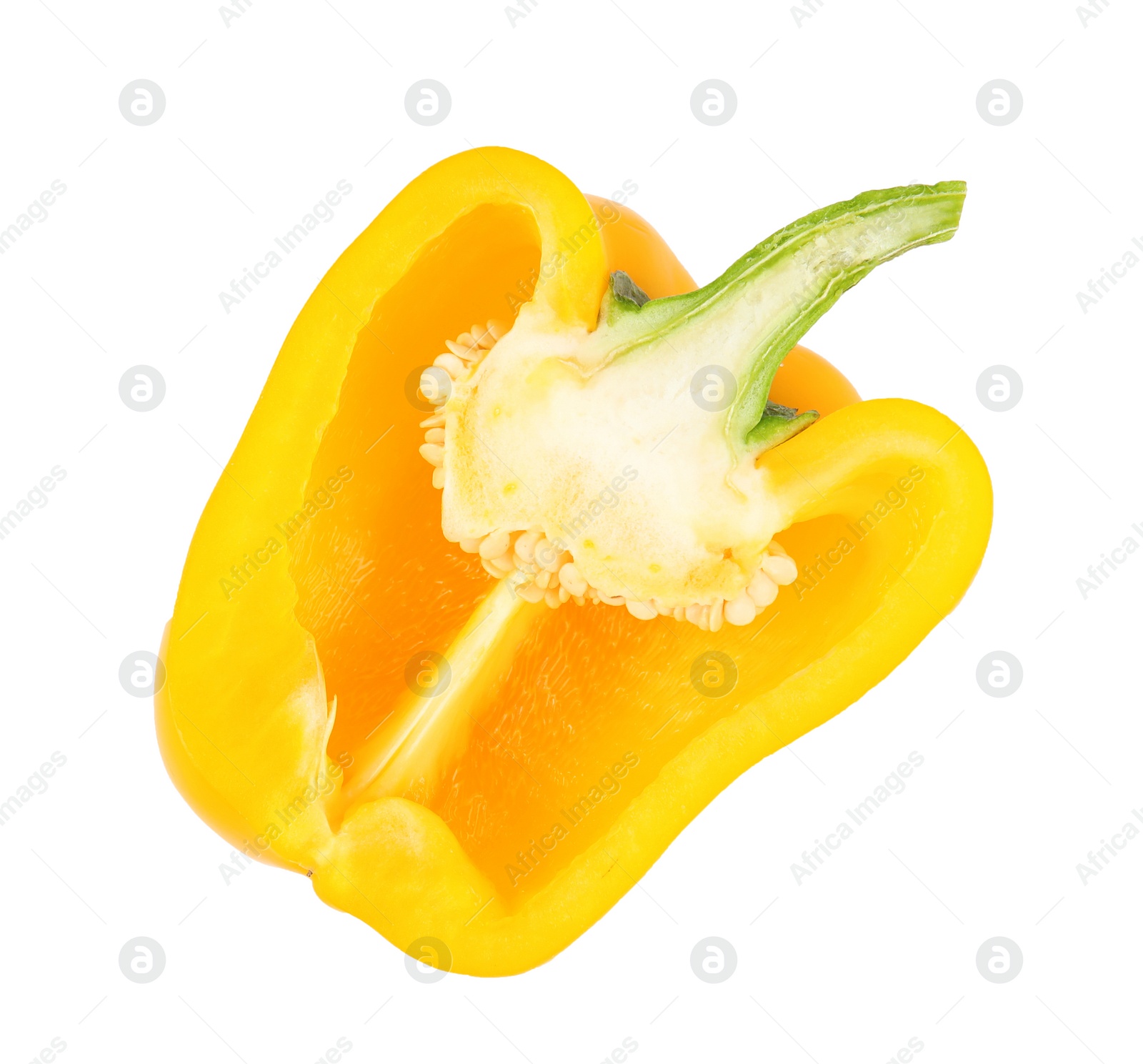 Photo of Half of yellow bell pepper isolated on white, top view