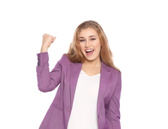 Photo of Happy young businesswoman celebrating victory on white background