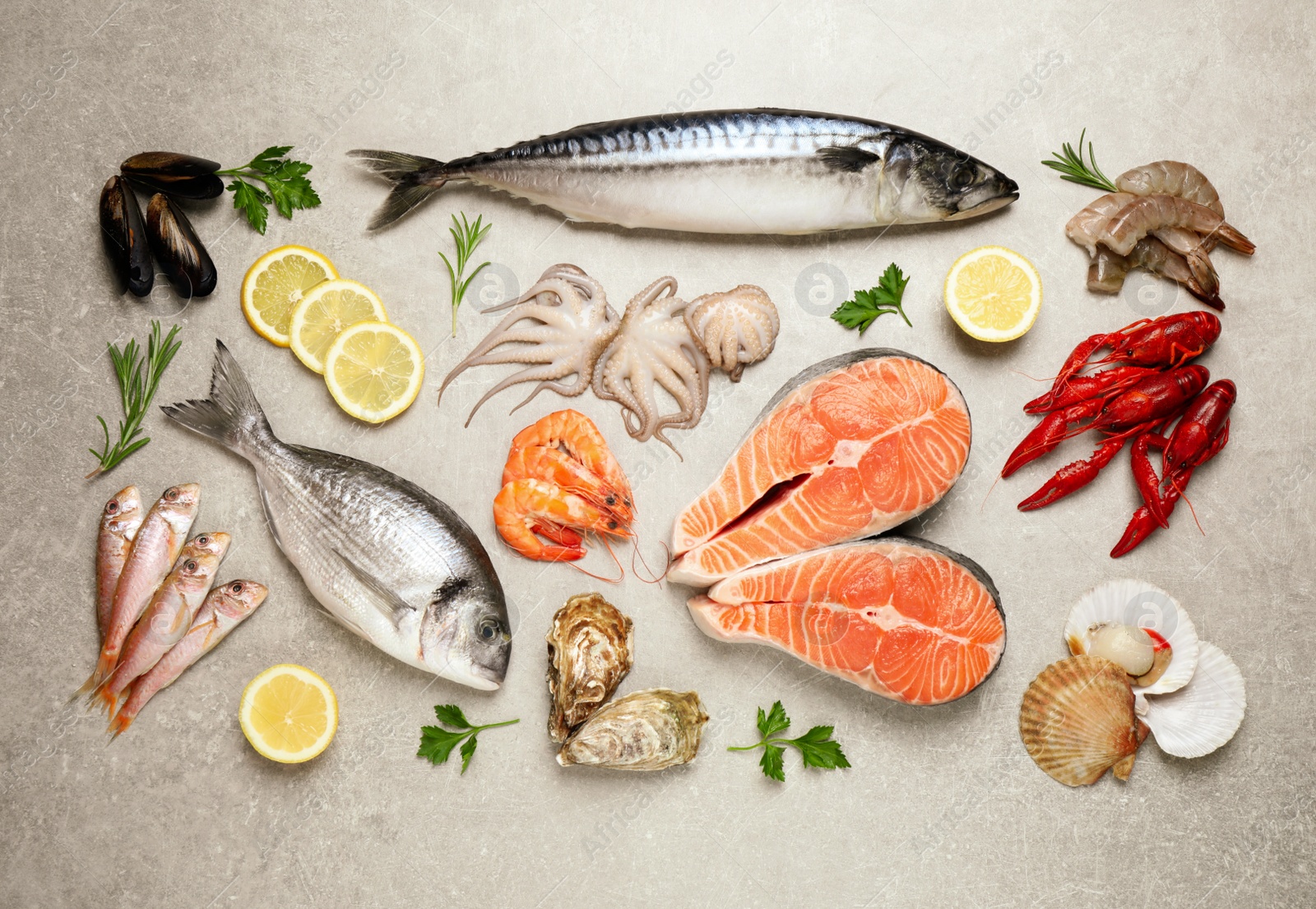 Photo of Fresh fish and seafood on light grey table, flat lay