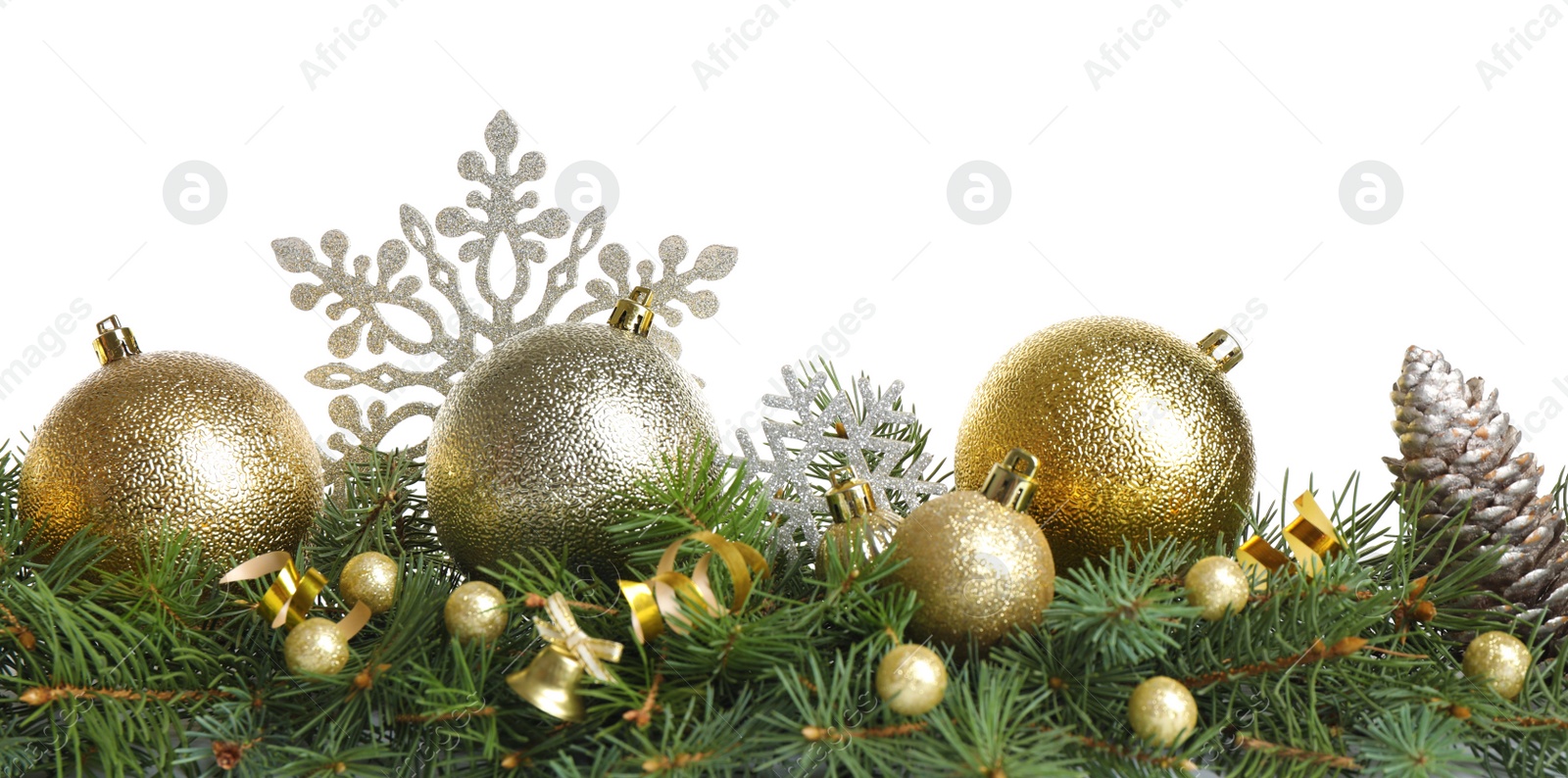 Photo of Fir tree branches with Christmas decoration on white background