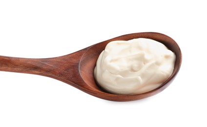 Wooden spoon with tasty mayonnaise isolated on white