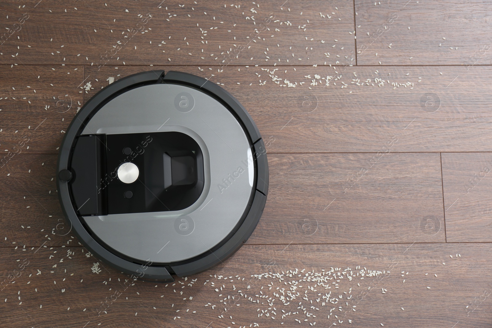 Photo of Modern robotic vacuum cleaner removing scattered rice from wooden floor, top view. Space for text