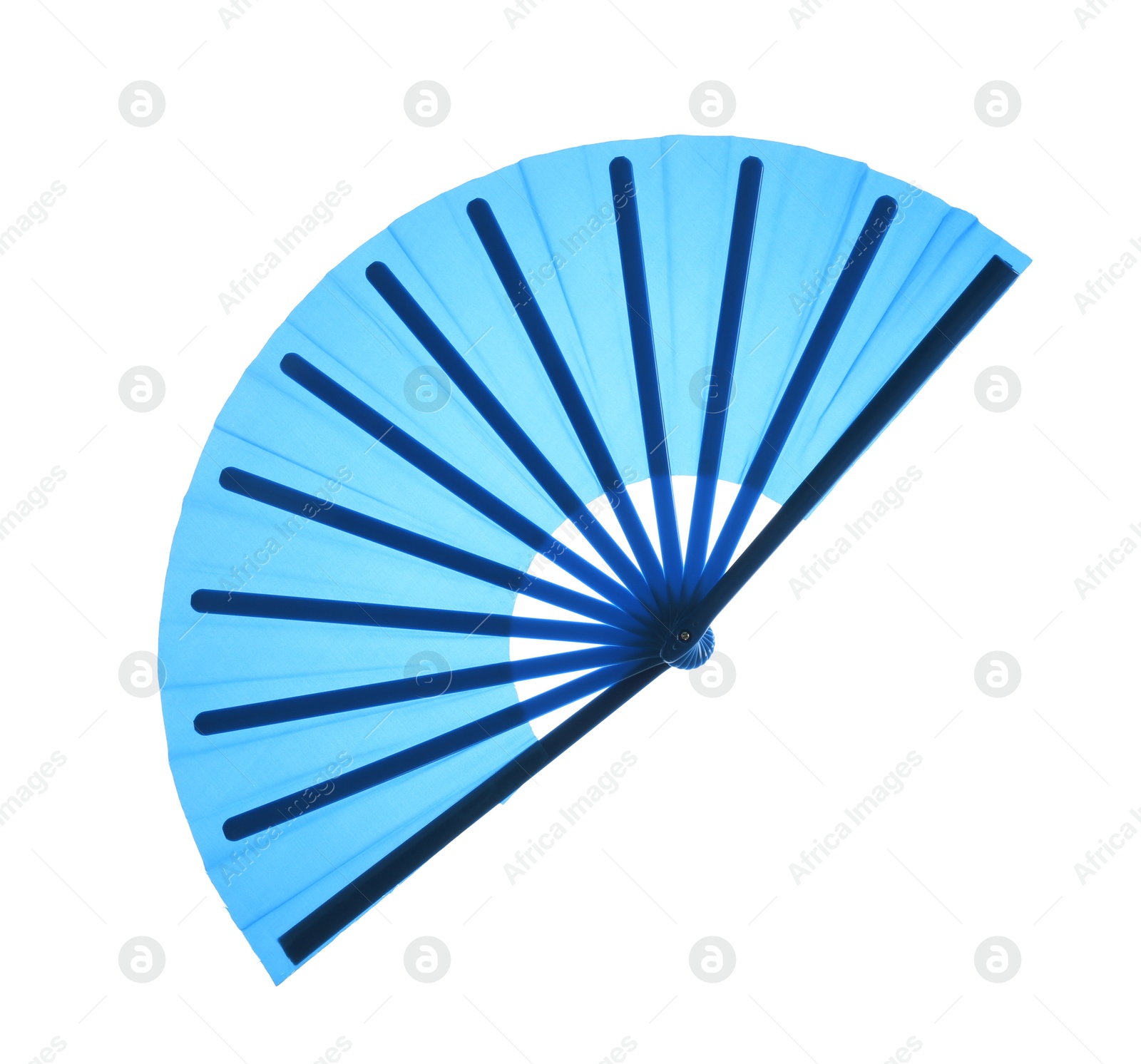 Photo of Blue hand fan isolated on white, top view