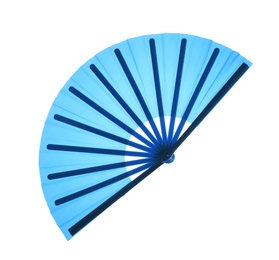 Blue hand fan isolated on white, top view