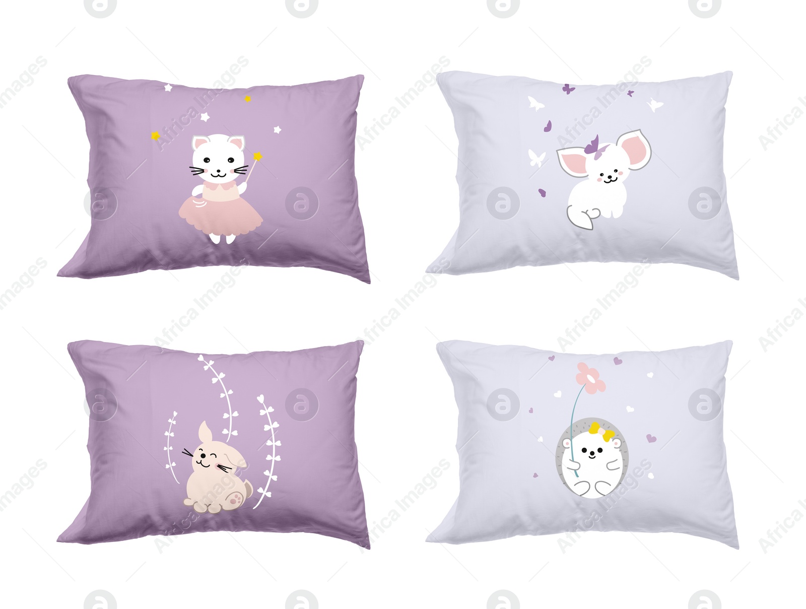 Image of Soft pillows with cute prints isolated on white, set