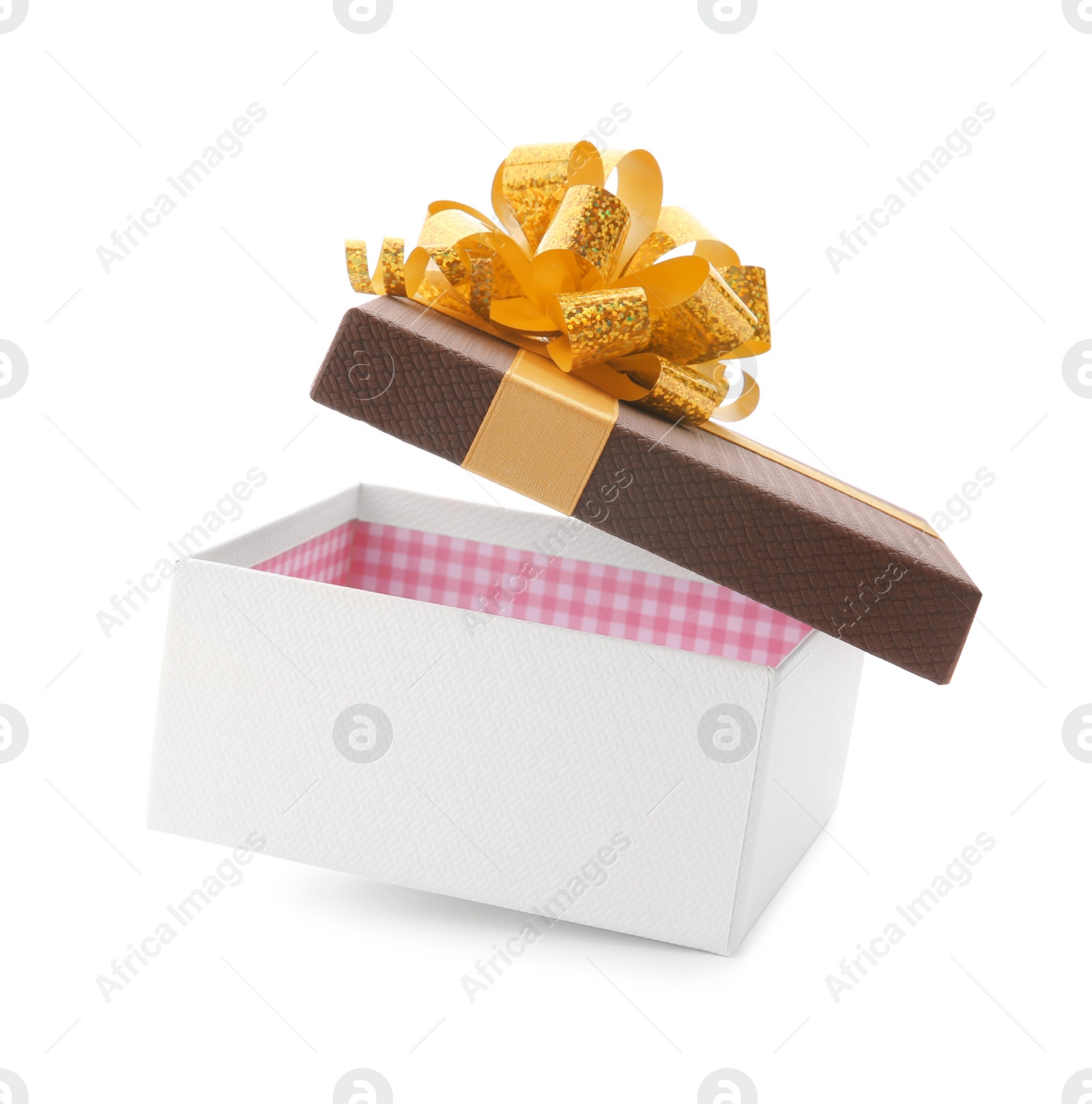 Photo of Open gift box with bow on white background