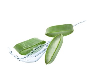 Sliced aloe vera leaf and splash of juice on white background