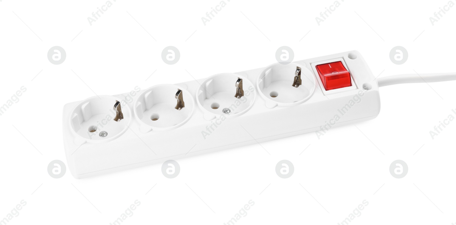 Photo of Power strip with extension cord on white background. Electrician's equipment