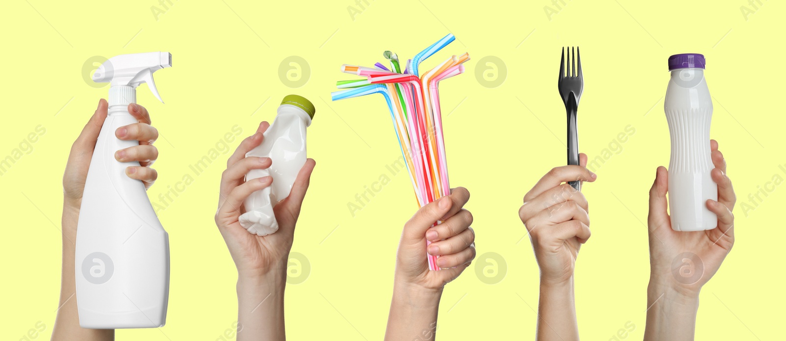 Image of Collage with photos of women holding different plastic things on yellow background, closeup. Banner design