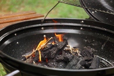 New modern barbecue grill outdoors, closeup. Summer picnic