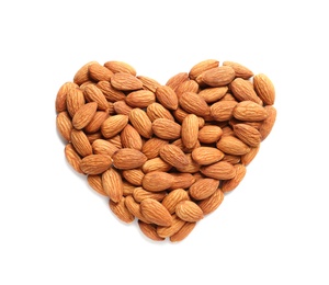 Heart made of almonds on white background, top view. Healthy diet