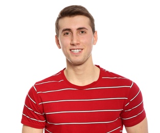Photo of Portrait of young man in bright t-shirt on white background