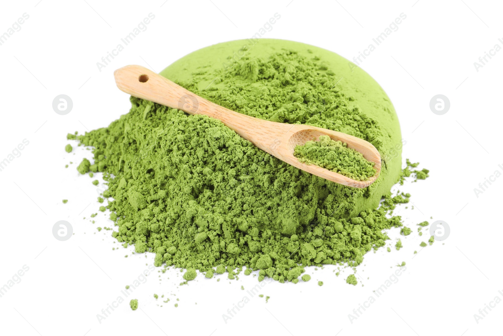 Photo of Scoop with green matcha powder isolated on white