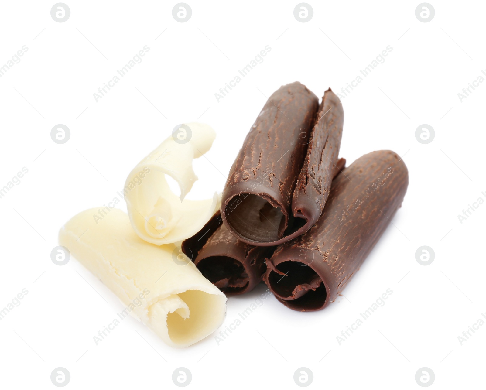 Photo of Different delicious chocolate curls on white background