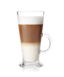 Photo of Hot coffee with milk in glass cup isolated on white