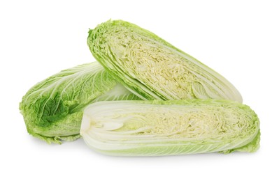 Photo of Fresh whole and cut Chinese cabbages isolated on white