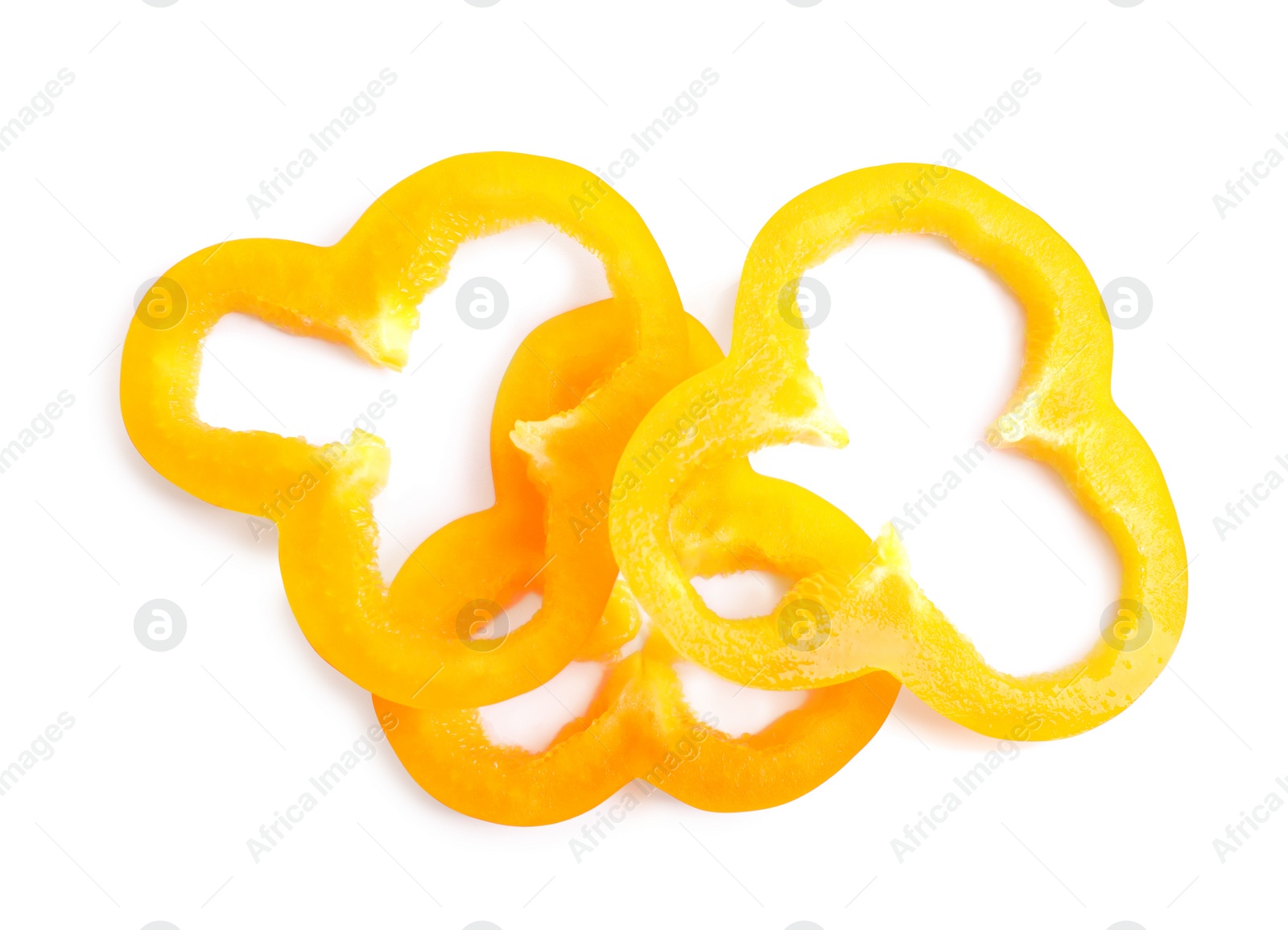 Photo of Slices of orange bell pepper isolated on white