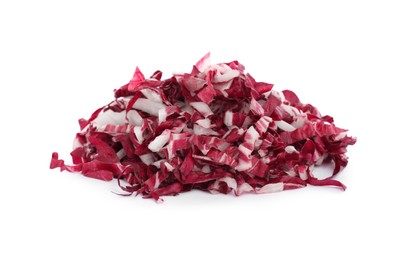 Photo of Pile of shredded radicchio on white background