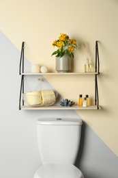 Shelves with different stuff on wall above toilet bowl in restroom interior