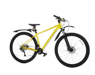 Photo of Modern yellow mountain bicycle on white background