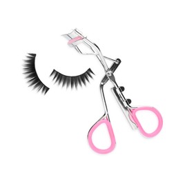 False eyelashes and curler on white background, top view