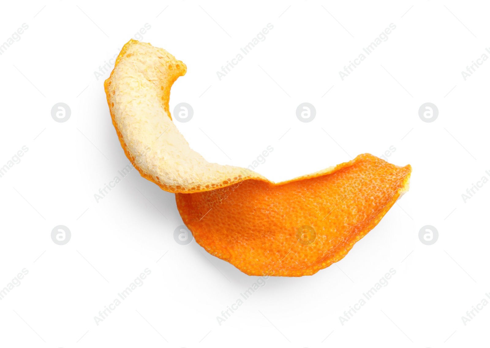 Photo of Dry orange peel isolated on white, top view