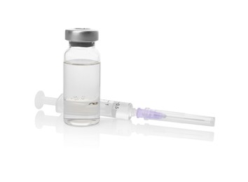 Photo of Disposable syringe with needle and vial isolated on white