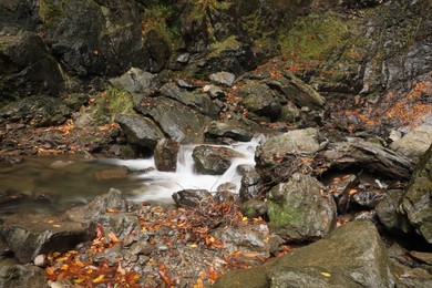 Beautiful view of mountain stream and rocks outdoors