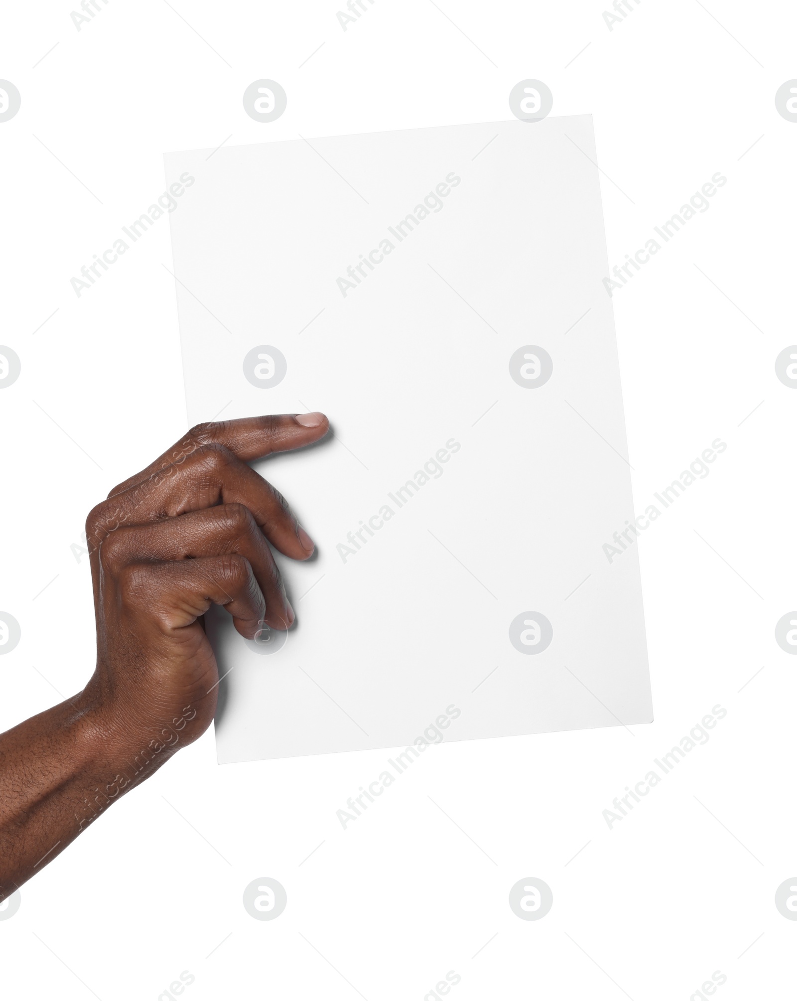 Photo of African American man holding sheet of paper on white background, closeup. Mockup for design