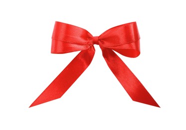 Beautiful red ribbon tied in bow isolated on white, top view