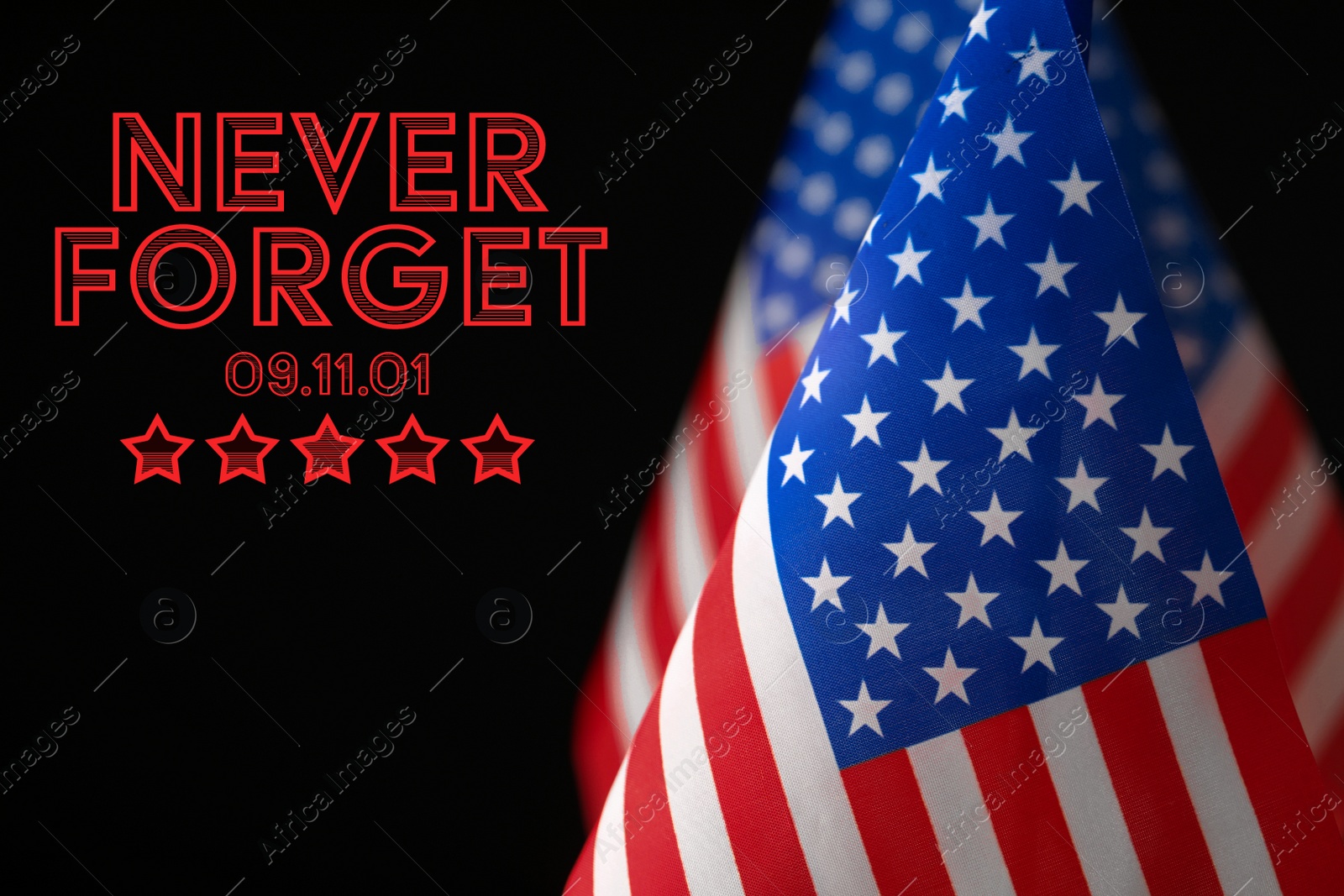 Image of Memorial Day. American flag on black background, closeup