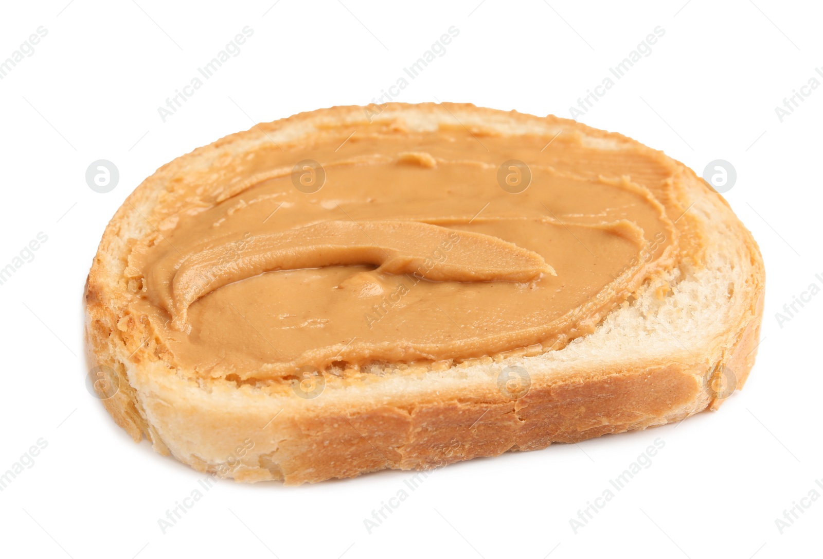 Photo of Slice of bread with peanut butter on white background