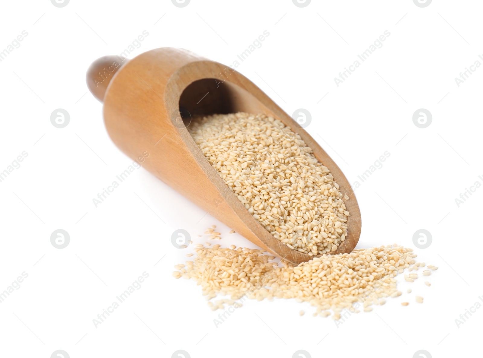 Photo of Wooden scoop with sesame seeds on white background