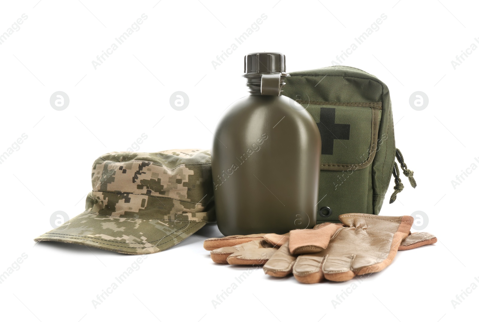 Photo of Set of military outfit on white background