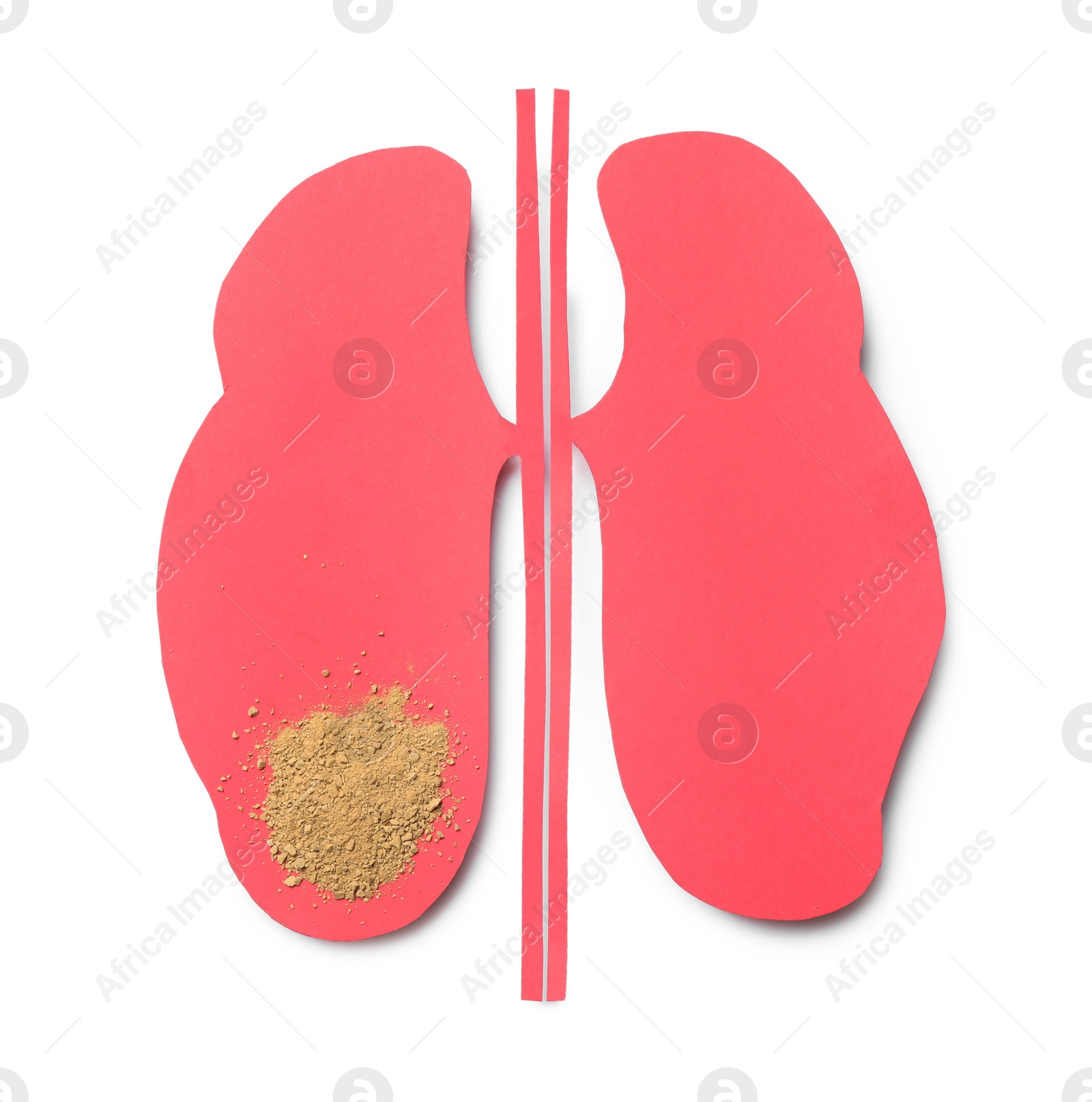 Photo of Paper cutout with sand on white background, top view. Kidney stone disease