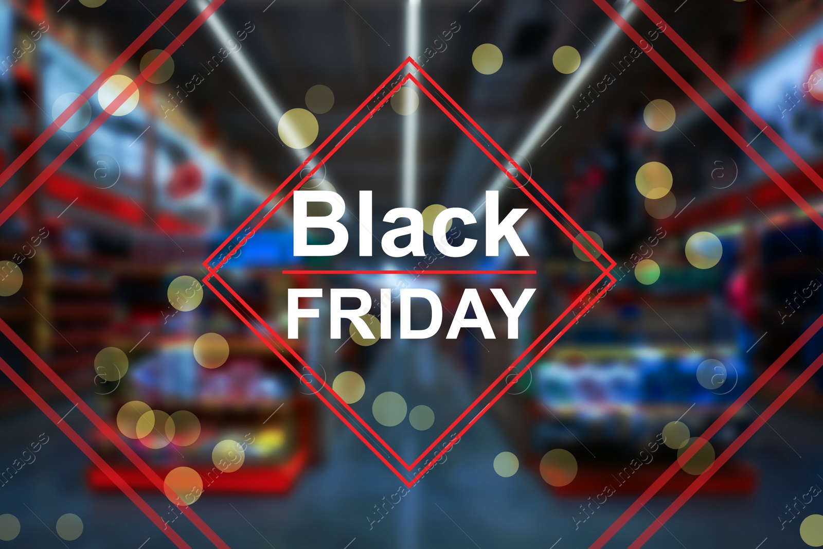 Image of Blurred view of modern shopping mall interior. Black Friday Sale