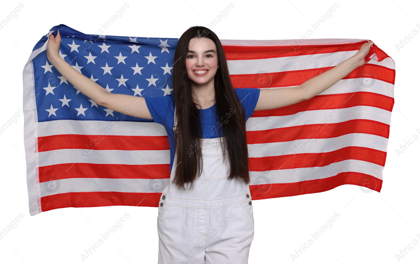 Image of 4th of July - Independence day of America. Happy teenage girl holding national flag of United States on white background