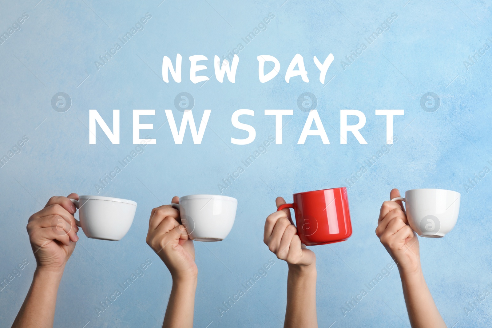 Image of Inspirational text New Day New Start over people holding cups on light blue background