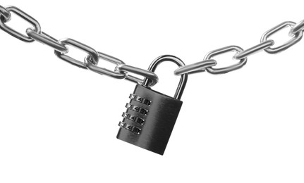 Photo of Steel combination padlock and chain isolated on white