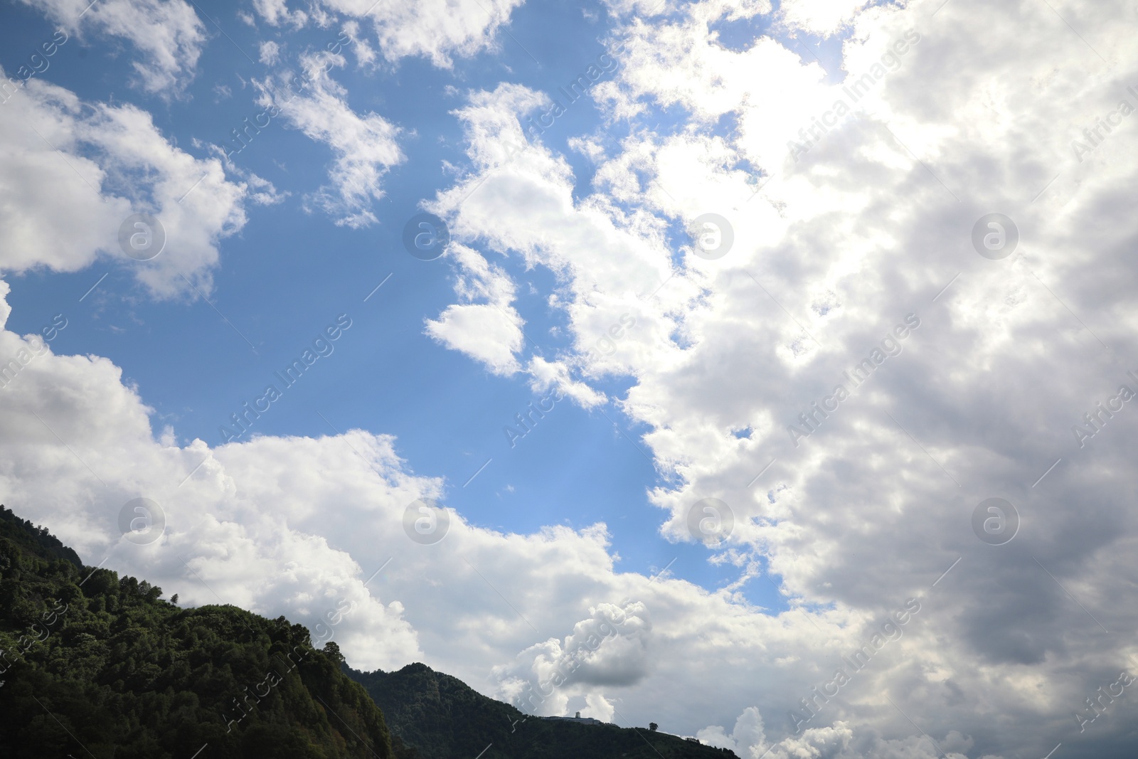 Photo of Picturesque view of forest on mountains under beautiful blue sky with fluffy clouds