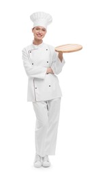 Photo of Happy chef in uniform holding empty wooden board on white background