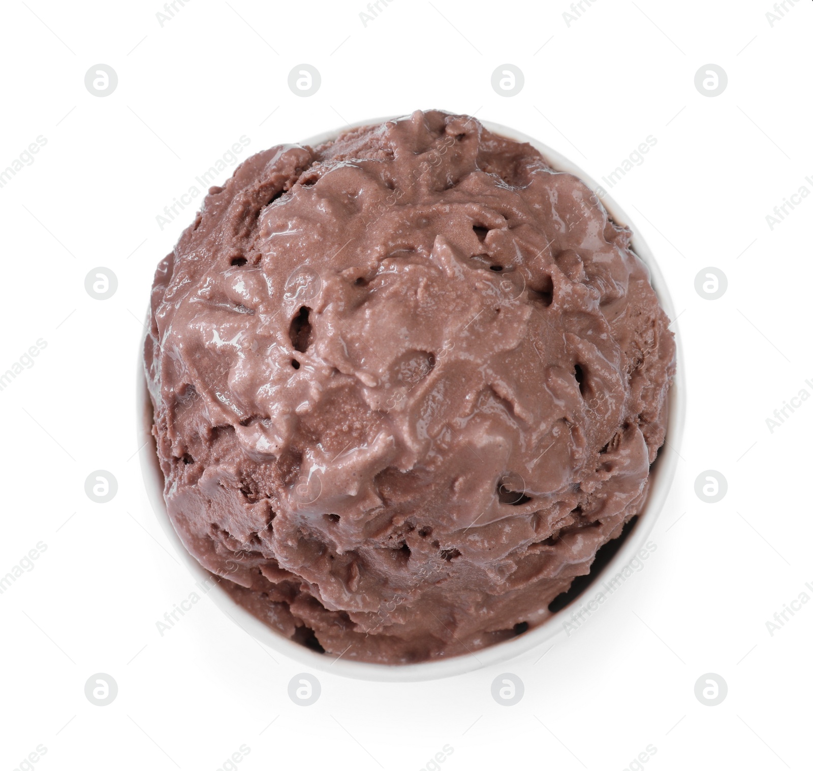 Photo of Delicious chocolate ice cream in paper cup isolated on white, top view